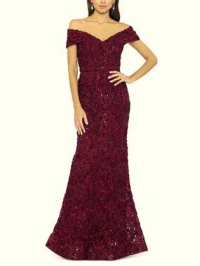 Xscape Off-the-Shoulder Burgundy Sequin Lace Maxi Dress